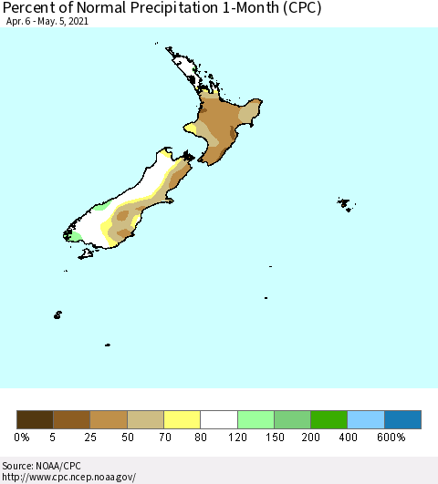 New Zealand Percent of Normal Precipitation 1-Month (CPC) Thematic Map For 4/6/2021 - 5/5/2021
