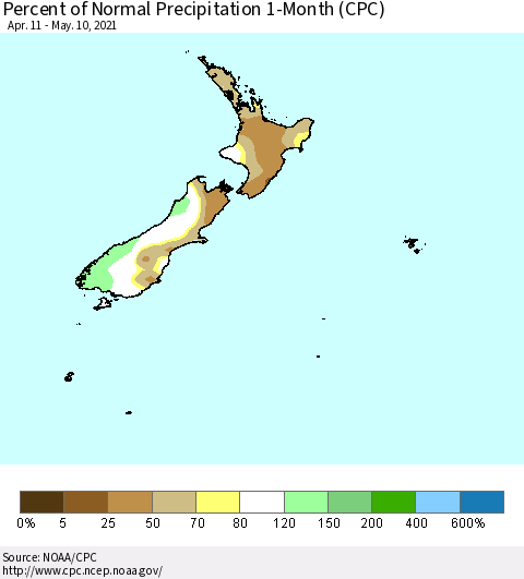 New Zealand Percent of Normal Precipitation 1-Month (CPC) Thematic Map For 4/11/2021 - 5/10/2021