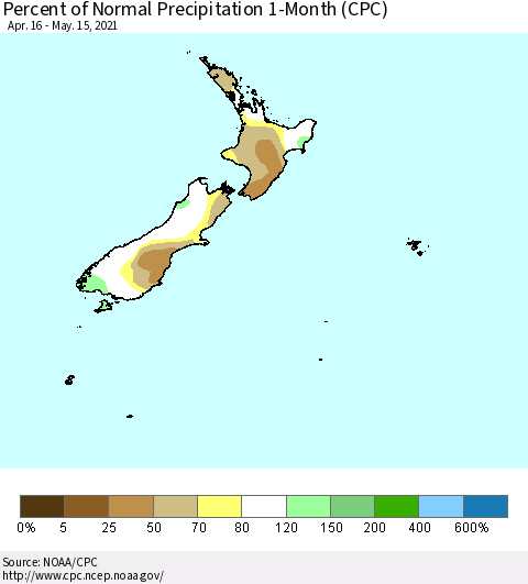 New Zealand Percent of Normal Precipitation 1-Month (CPC) Thematic Map For 4/16/2021 - 5/15/2021
