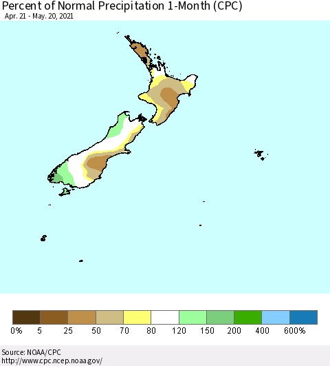 New Zealand Percent of Normal Precipitation 1-Month (CPC) Thematic Map For 4/21/2021 - 5/20/2021