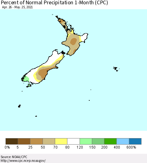 New Zealand Percent of Normal Precipitation 1-Month (CPC) Thematic Map For 4/26/2021 - 5/25/2021
