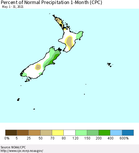 New Zealand Percent of Normal Precipitation 1-Month (CPC) Thematic Map For 5/1/2021 - 5/31/2021