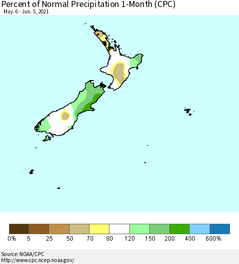New Zealand Percent of Normal Precipitation 1-Month (CPC) Thematic Map For 5/6/2021 - 6/5/2021