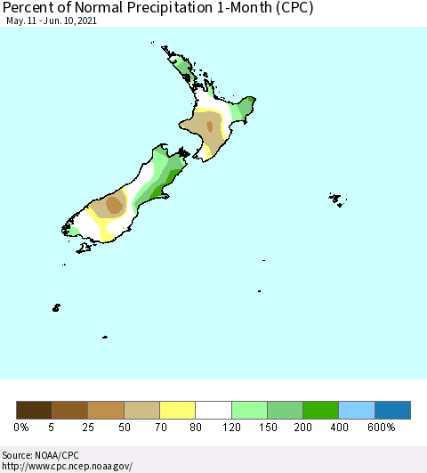 New Zealand Percent of Normal Precipitation 1-Month (CPC) Thematic Map For 5/11/2021 - 6/10/2021