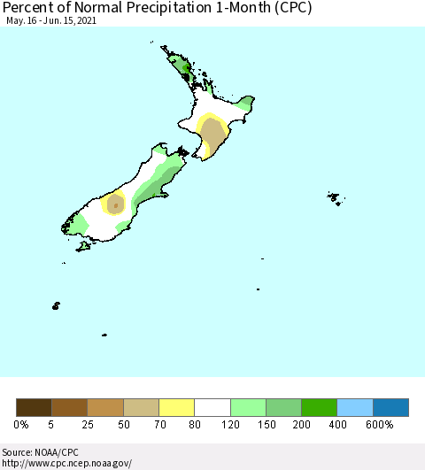 New Zealand Percent of Normal Precipitation 1-Month (CPC) Thematic Map For 5/16/2021 - 6/15/2021