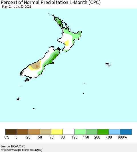 New Zealand Percent of Normal Precipitation 1-Month (CPC) Thematic Map For 5/21/2021 - 6/20/2021