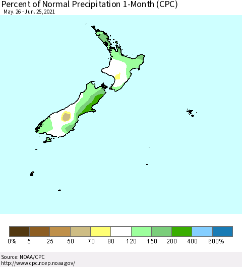 New Zealand Percent of Normal Precipitation 1-Month (CPC) Thematic Map For 5/26/2021 - 6/25/2021