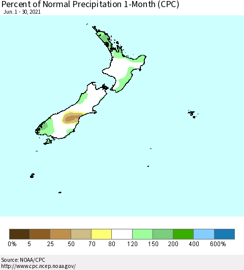 New Zealand Percent of Normal Precipitation 1-Month (CPC) Thematic Map For 6/1/2021 - 6/30/2021