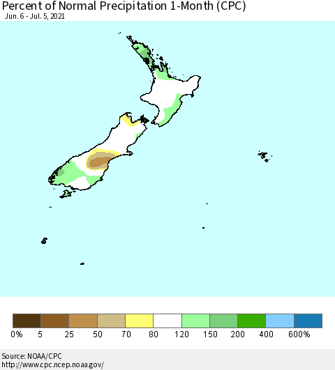 New Zealand Percent of Normal Precipitation 1-Month (CPC) Thematic Map For 6/6/2021 - 7/5/2021