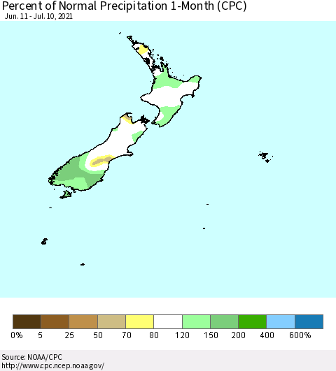New Zealand Percent of Normal Precipitation 1-Month (CPC) Thematic Map For 6/11/2021 - 7/10/2021
