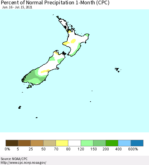 New Zealand Percent of Normal Precipitation 1-Month (CPC) Thematic Map For 6/16/2021 - 7/15/2021