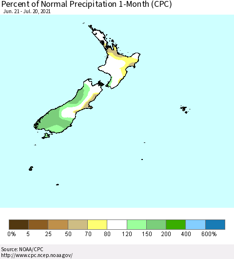 New Zealand Percent of Normal Precipitation 1-Month (CPC) Thematic Map For 6/21/2021 - 7/20/2021