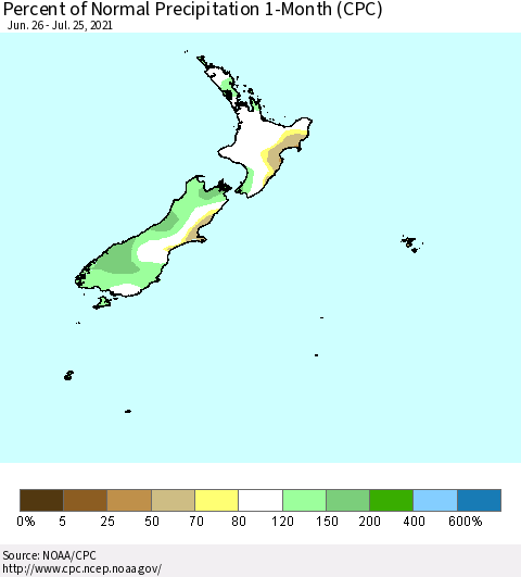 New Zealand Percent of Normal Precipitation 1-Month (CPC) Thematic Map For 6/26/2021 - 7/25/2021