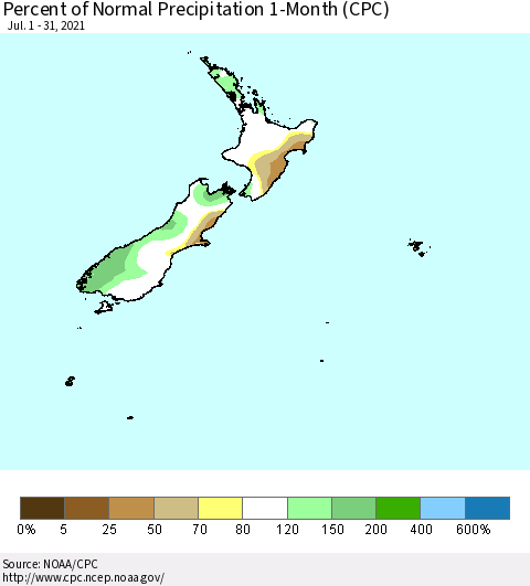 New Zealand Percent of Normal Precipitation 1-Month (CPC) Thematic Map For 7/1/2021 - 7/31/2021