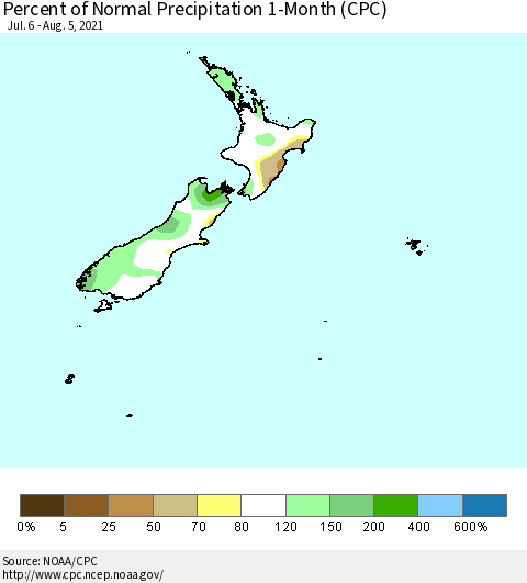 New Zealand Percent of Normal Precipitation 1-Month (CPC) Thematic Map For 7/6/2021 - 8/5/2021