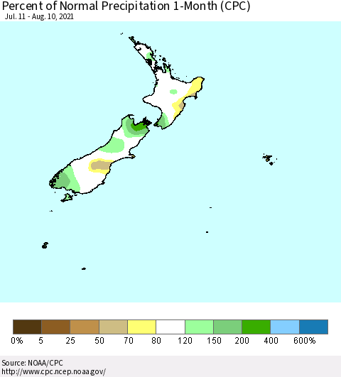 New Zealand Percent of Normal Precipitation 1-Month (CPC) Thematic Map For 7/11/2021 - 8/10/2021