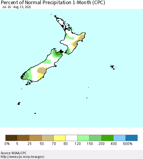 New Zealand Percent of Normal Precipitation 1-Month (CPC) Thematic Map For 7/16/2021 - 8/15/2021