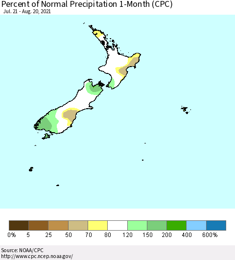 New Zealand Percent of Normal Precipitation 1-Month (CPC) Thematic Map For 7/21/2021 - 8/20/2021
