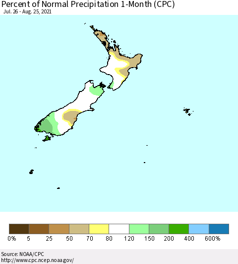 New Zealand Percent of Normal Precipitation 1-Month (CPC) Thematic Map For 7/26/2021 - 8/25/2021