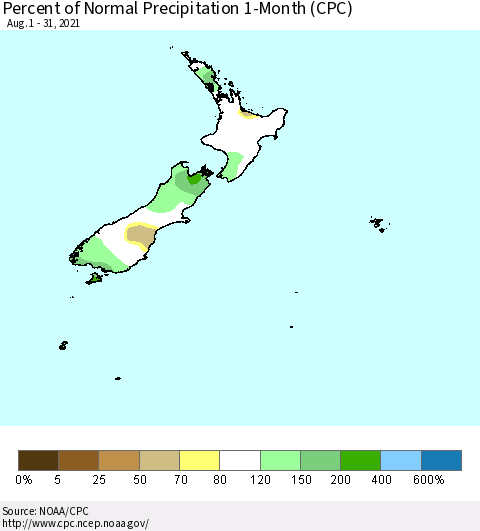 New Zealand Percent of Normal Precipitation 1-Month (CPC) Thematic Map For 8/1/2021 - 8/31/2021