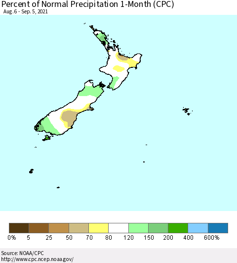 New Zealand Percent of Normal Precipitation 1-Month (CPC) Thematic Map For 8/6/2021 - 9/5/2021