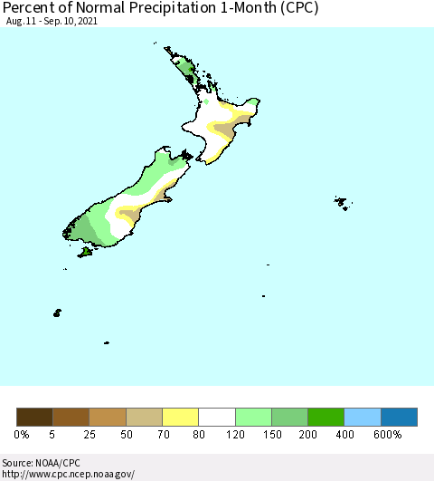 New Zealand Percent of Normal Precipitation 1-Month (CPC) Thematic Map For 8/11/2021 - 9/10/2021