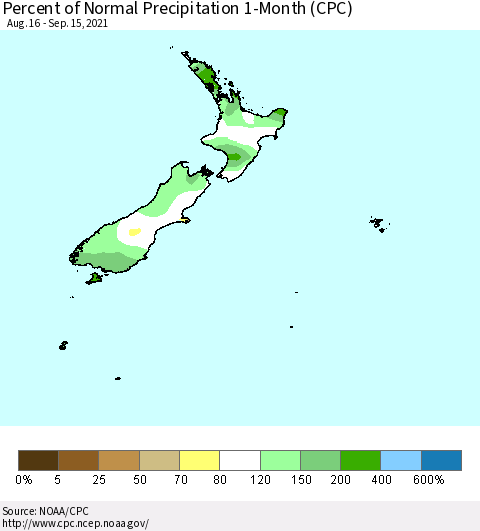 New Zealand Percent of Normal Precipitation 1-Month (CPC) Thematic Map For 8/16/2021 - 9/15/2021
