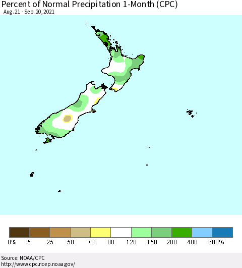 New Zealand Percent of Normal Precipitation 1-Month (CPC) Thematic Map For 8/21/2021 - 9/20/2021