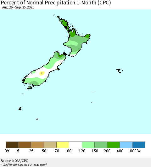 New Zealand Percent of Normal Precipitation 1-Month (CPC) Thematic Map For 8/26/2021 - 9/25/2021