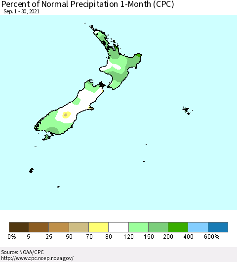 New Zealand Percent of Normal Precipitation 1-Month (CPC) Thematic Map For 9/1/2021 - 9/30/2021