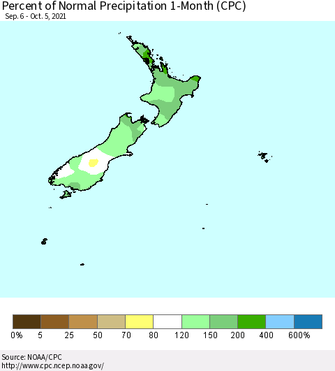 New Zealand Percent of Normal Precipitation 1-Month (CPC) Thematic Map For 9/6/2021 - 10/5/2021