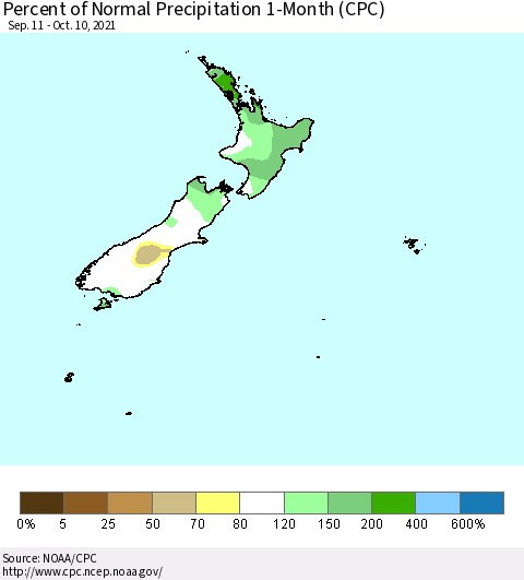 New Zealand Percent of Normal Precipitation 1-Month (CPC) Thematic Map For 9/11/2021 - 10/10/2021