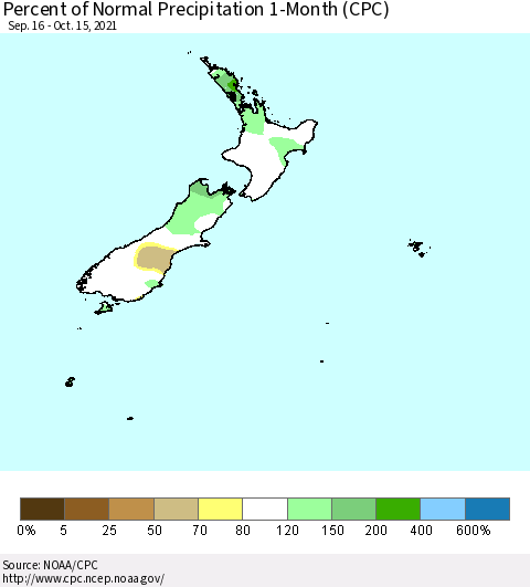 New Zealand Percent of Normal Precipitation 1-Month (CPC) Thematic Map For 9/16/2021 - 10/15/2021