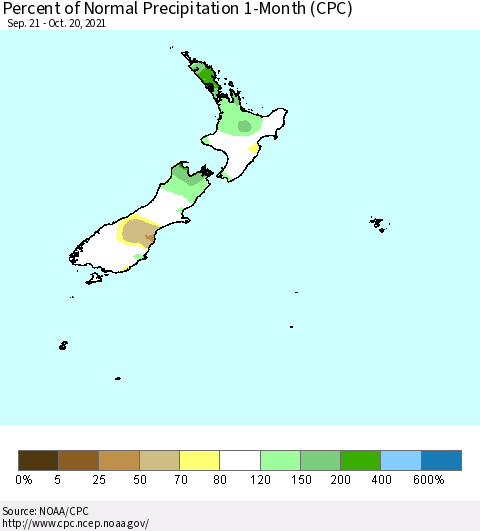 New Zealand Percent of Normal Precipitation 1-Month (CPC) Thematic Map For 9/21/2021 - 10/20/2021