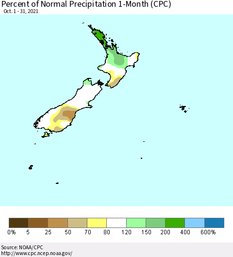 New Zealand Percent of Normal Precipitation 1-Month (CPC) Thematic Map For 10/1/2021 - 10/31/2021