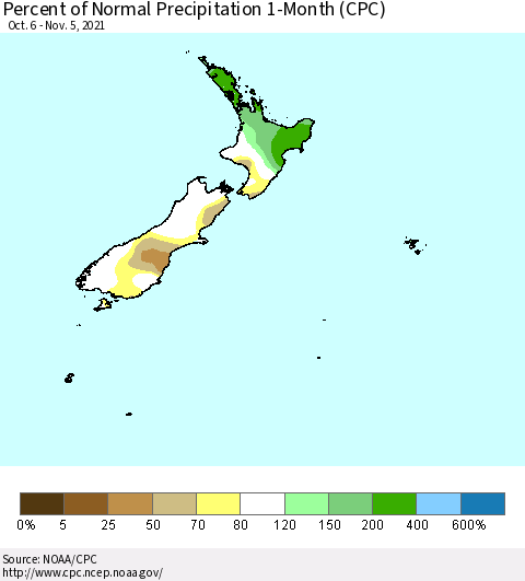 New Zealand Percent of Normal Precipitation 1-Month (CPC) Thematic Map For 10/6/2021 - 11/5/2021