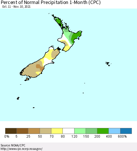 New Zealand Percent of Normal Precipitation 1-Month (CPC) Thematic Map For 10/11/2021 - 11/10/2021
