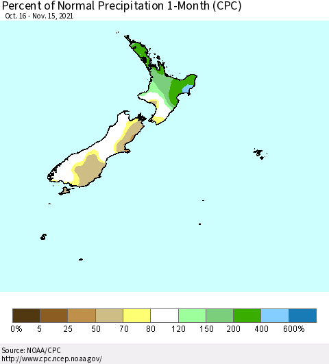 New Zealand Percent of Normal Precipitation 1-Month (CPC) Thematic Map For 10/16/2021 - 11/15/2021