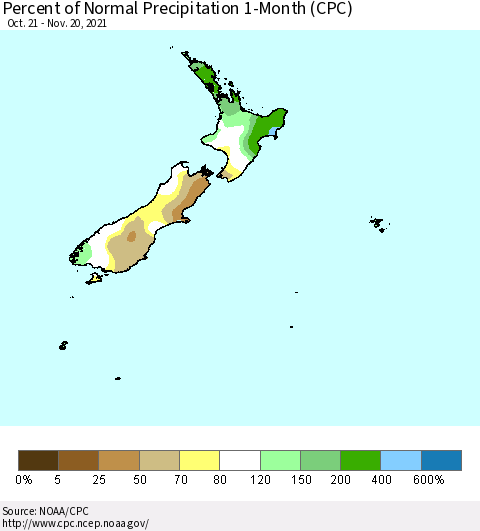 New Zealand Percent of Normal Precipitation 1-Month (CPC) Thematic Map For 10/21/2021 - 11/20/2021