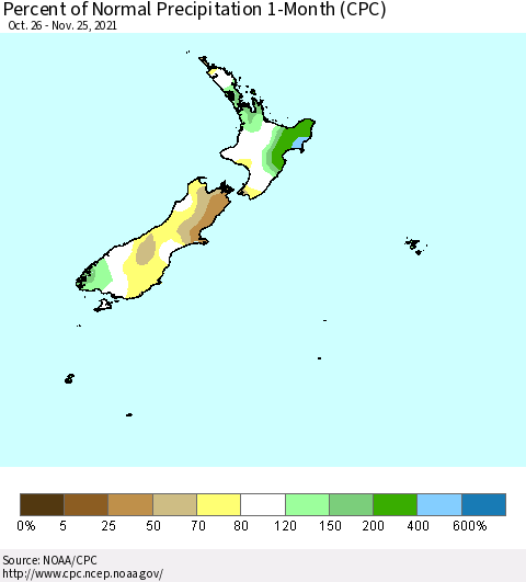 New Zealand Percent of Normal Precipitation 1-Month (CPC) Thematic Map For 10/26/2021 - 11/25/2021