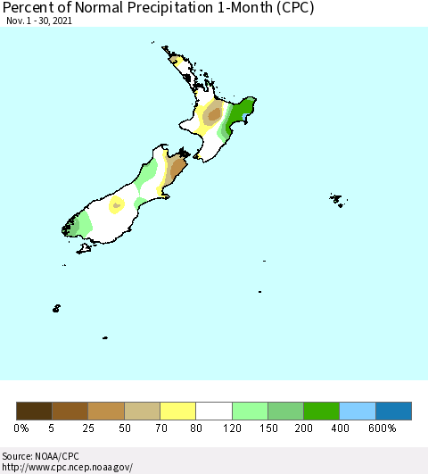 New Zealand Percent of Normal Precipitation 1-Month (CPC) Thematic Map For 11/1/2021 - 11/30/2021