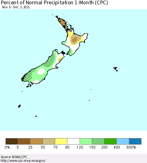 New Zealand Percent of Normal Precipitation 1-Month (CPC) Thematic Map For 11/6/2021 - 12/5/2021