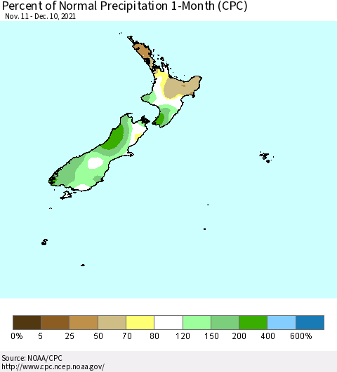New Zealand Percent of Normal Precipitation 1-Month (CPC) Thematic Map For 11/11/2021 - 12/10/2021