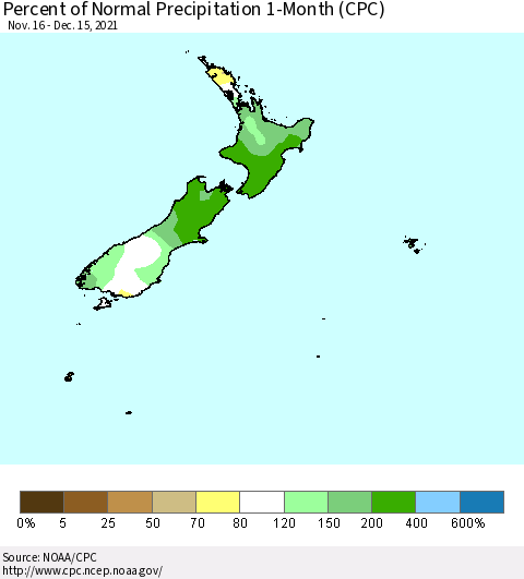 New Zealand Percent of Normal Precipitation 1-Month (CPC) Thematic Map For 11/16/2021 - 12/15/2021
