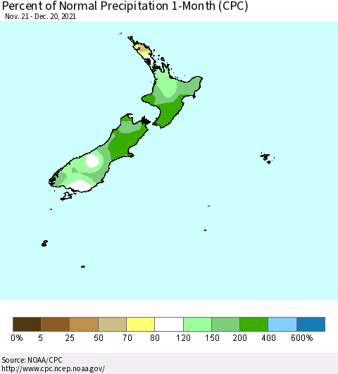 New Zealand Percent of Normal Precipitation 1-Month (CPC) Thematic Map For 11/21/2021 - 12/20/2021