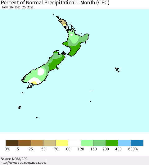 New Zealand Percent of Normal Precipitation 1-Month (CPC) Thematic Map For 11/26/2021 - 12/25/2021