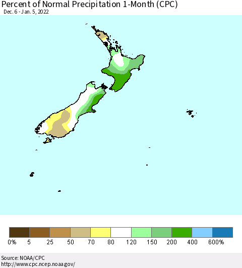 New Zealand Percent of Normal Precipitation 1-Month (CPC) Thematic Map For 12/6/2021 - 1/5/2022