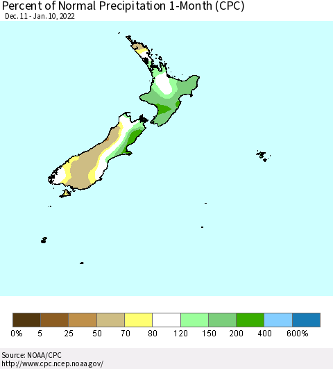 New Zealand Percent of Normal Precipitation 1-Month (CPC) Thematic Map For 12/11/2021 - 1/10/2022
