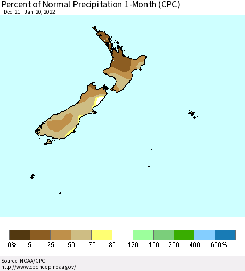 New Zealand Percent of Normal Precipitation 1-Month (CPC) Thematic Map For 12/21/2021 - 1/20/2022