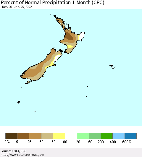 New Zealand Percent of Normal Precipitation 1-Month (CPC) Thematic Map For 12/26/2021 - 1/25/2022